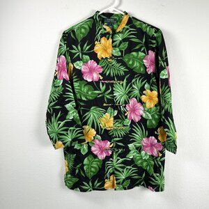 Lauren Ralph Lauren Tunic Top Womens M Green Floral 3/4 Sleeve Linen Shirt